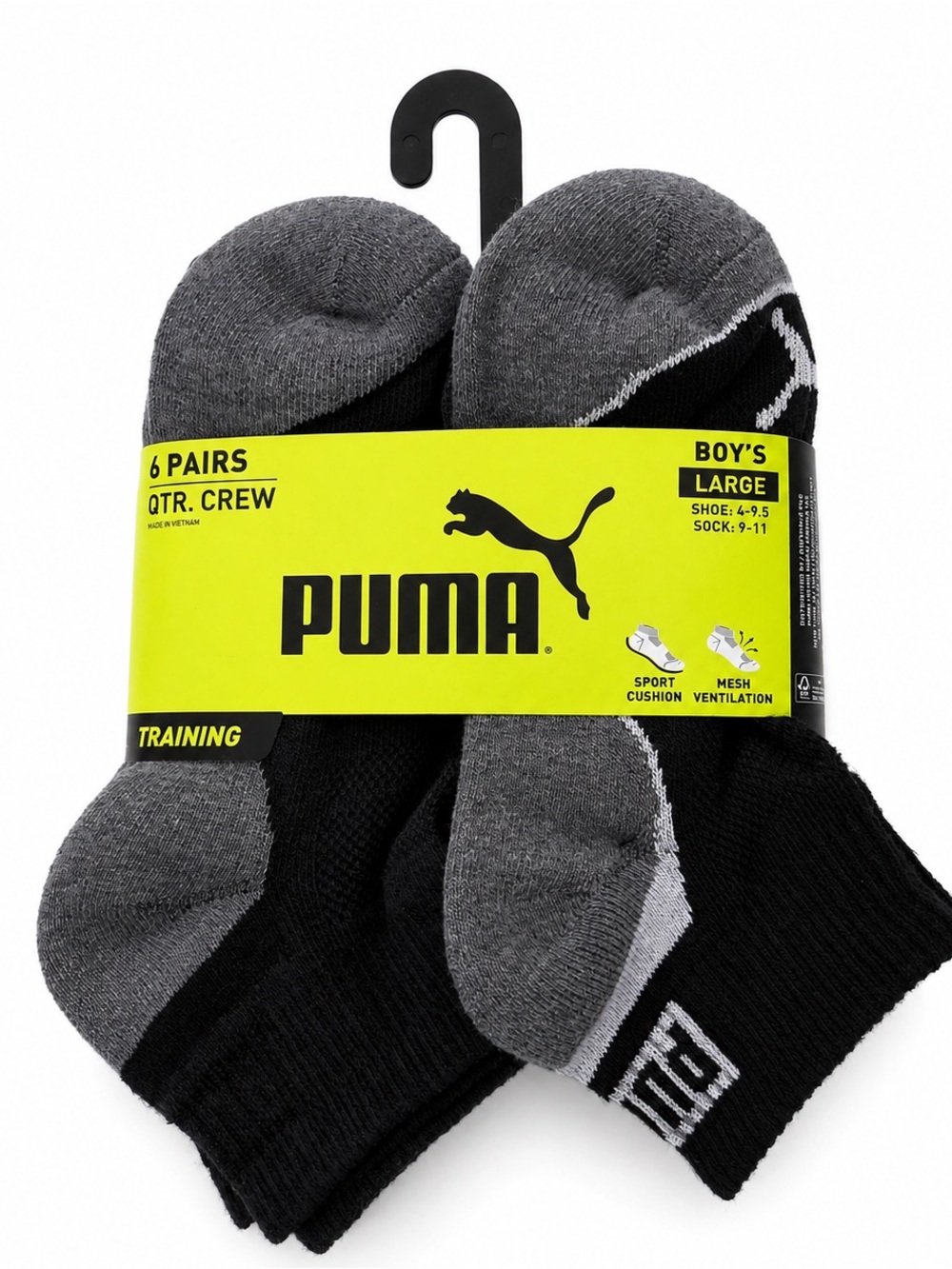 NWT Puma Boys' Grey & Black Quarter Crew Socks - 6 Pack